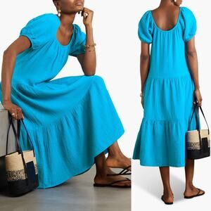 NEW Honorine Pamela Cotton Gauze Blue Short Sleeve Tiered Midi Dress Size Small‎